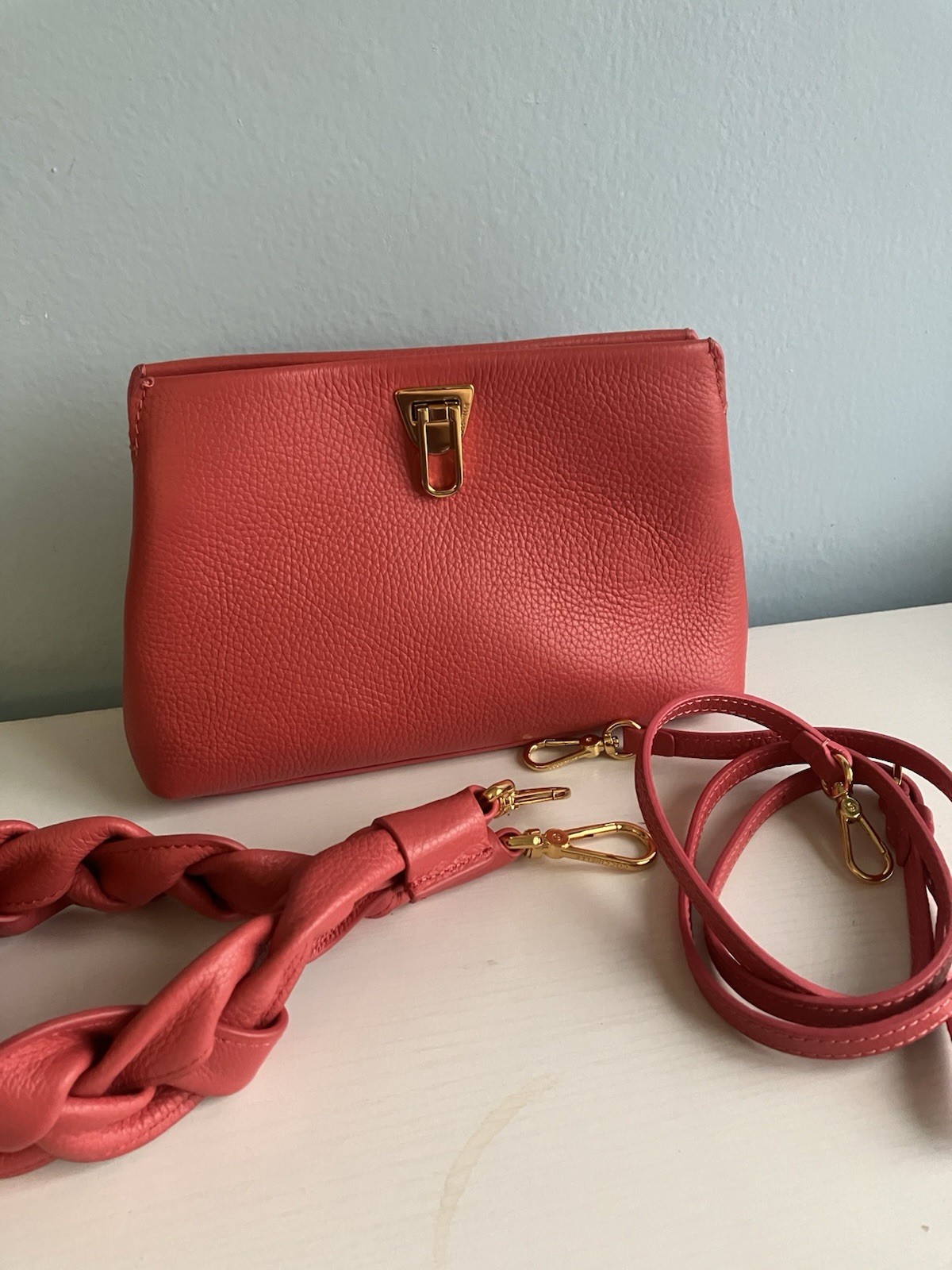 Coccinelle Red Pebbled Bag with Detachable Braided Top Handle + Crossbody Strap