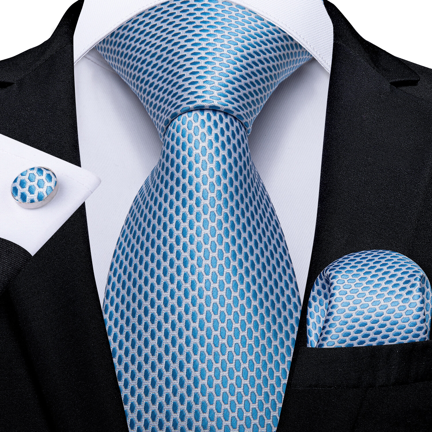 Mens Necktie Handkerchief Cufflinks Set Green Classic Tie School Party Wedding