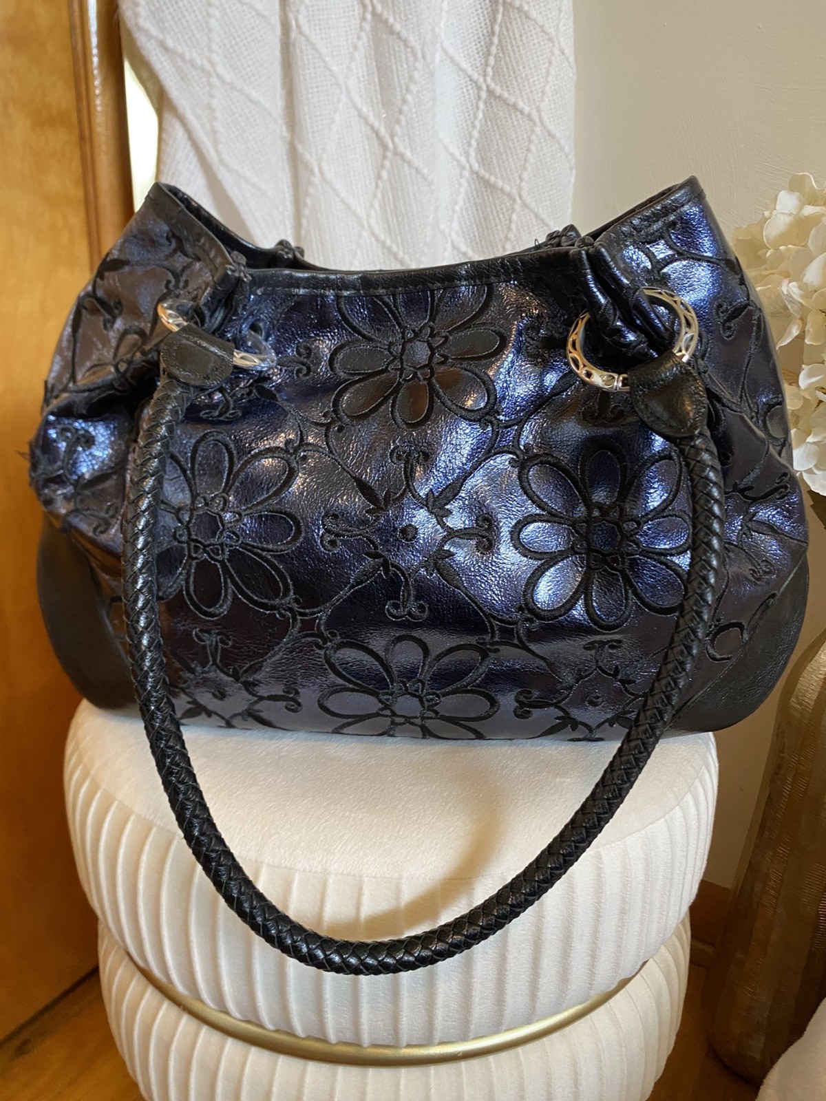 Brighton Valencia Sapphire Blue Metallic Leather Embroidered Flowers EUC