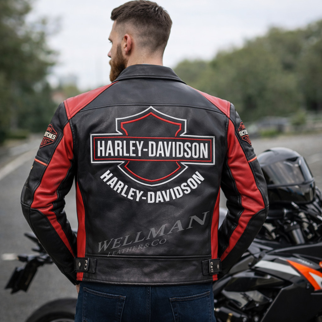 New Harley Davidson Mens Black & Red Motorcycle Jacket Real Leather Biker Jacket