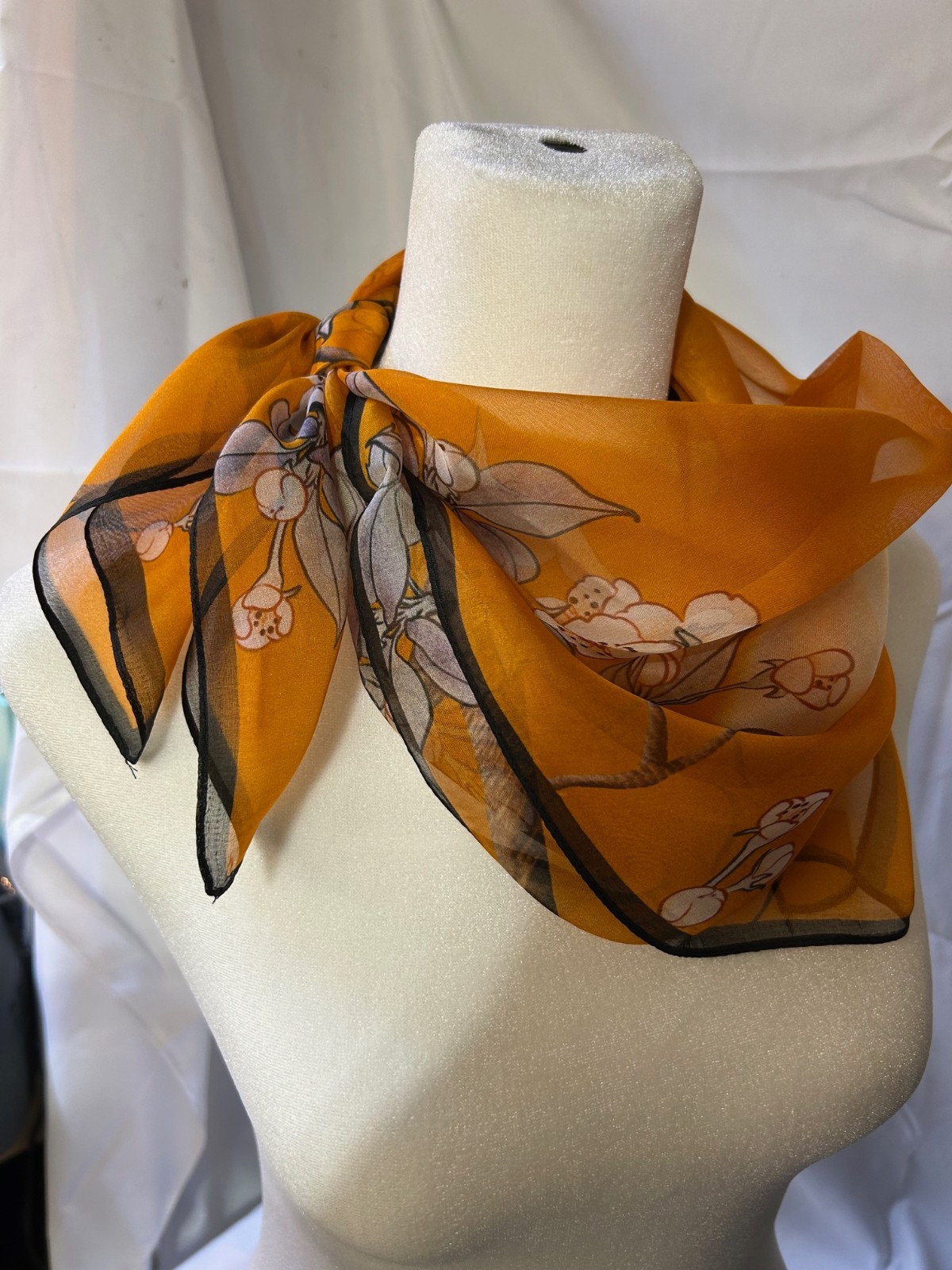 26 Inch Medium Square Orange, Tan and Black Floral Pattern 100% Silk Scarf-SS-33
