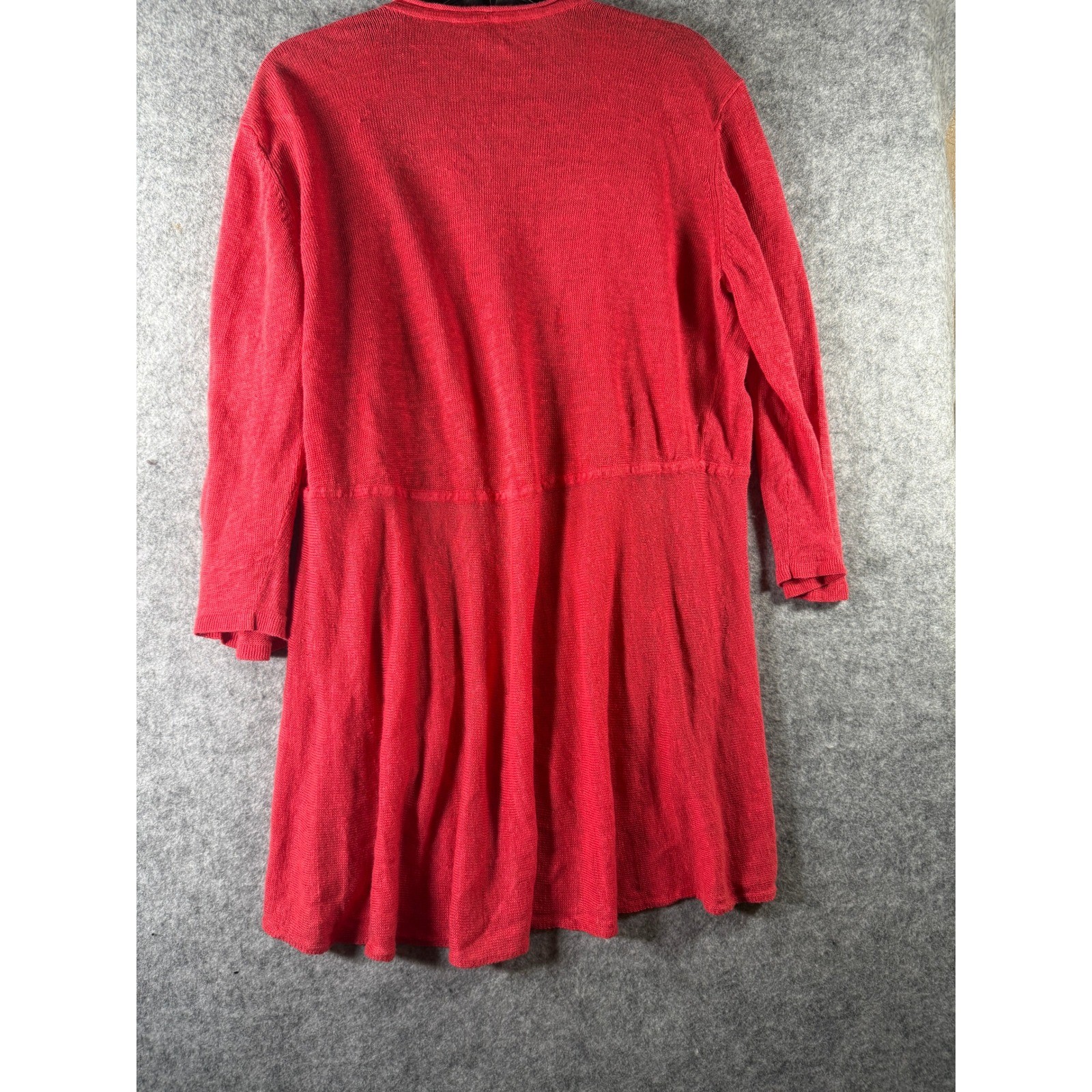 Eileen Fisher Coral Red Open Front Draped Cardigan Sweater Medium High Low Hem