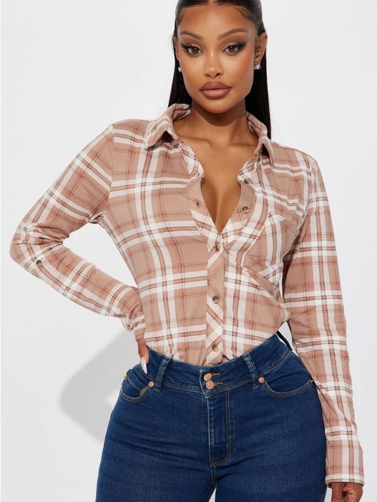 Women’s Fashion Nova plus Taupe & White Plaid Button-Down Shirt size 1X