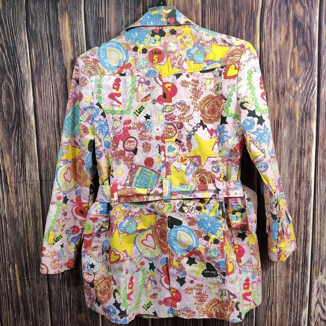 Fiorucci Trench Coat Pop Art Jacket Graphic Roses Mermaid Coquette L AOP VTG
