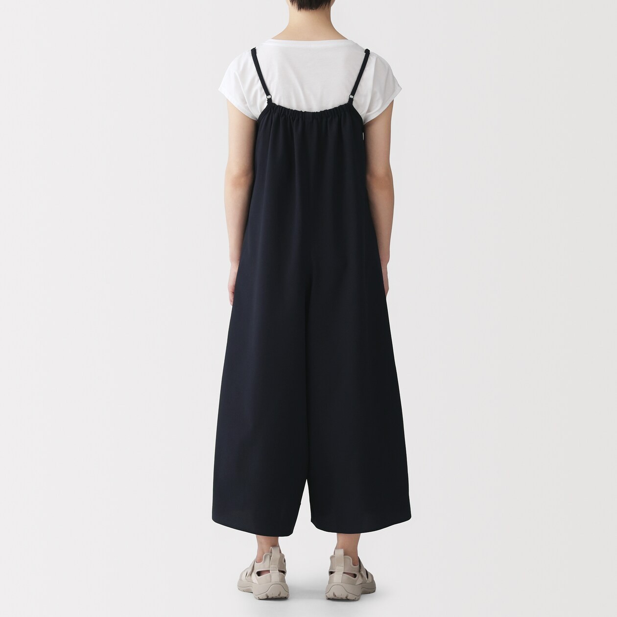 MUJI Womens Stretch Seersucker Salopette Jumpsuit Black FedEx