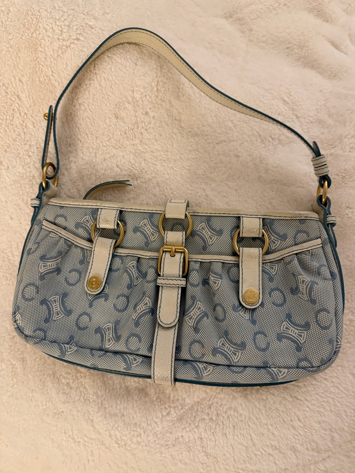 Celine Vintage Blue Triomphe Canvas Shoulder Bag Leather Trim 31cm Authentic