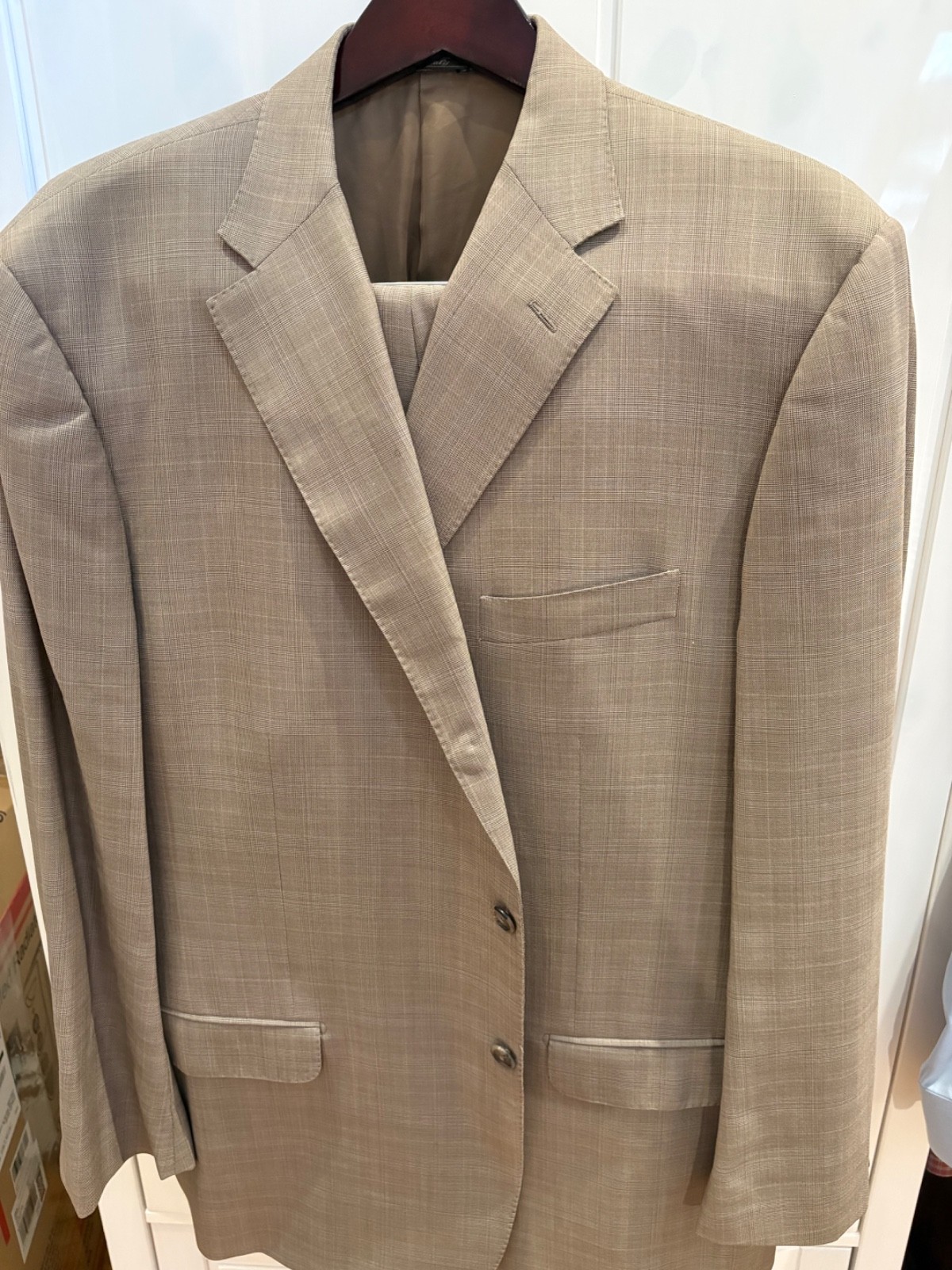 Corneliani Collection 100’s Virgin Wool Suit 58R 48R Tan Plaid Italy Saks
