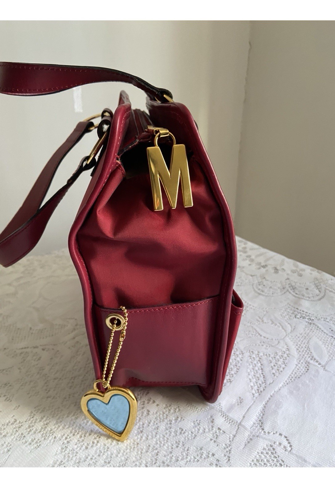 Vintage Moschino by Redwall Satin Novelty Satchel Red Gold Hardware Heart Charm