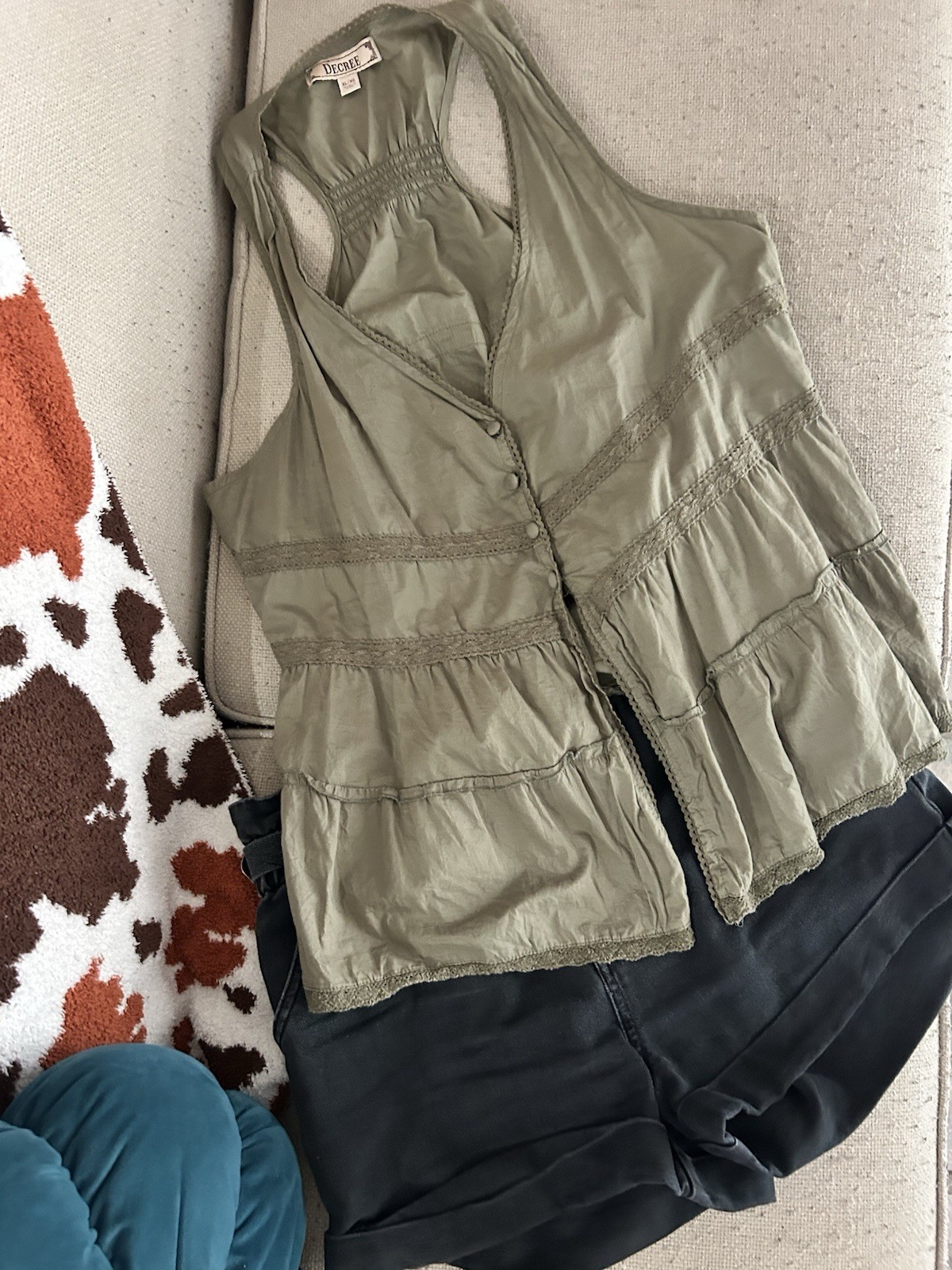 Decree XL Olive Green Boho Peplum Tank Top Boho Cottagecore Button Front India
