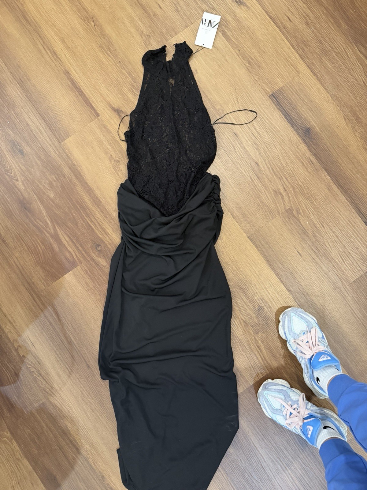 Zara Black Floral Lace Sheer Maxi Dress Women’s Size S Sleeveless Halter Zip