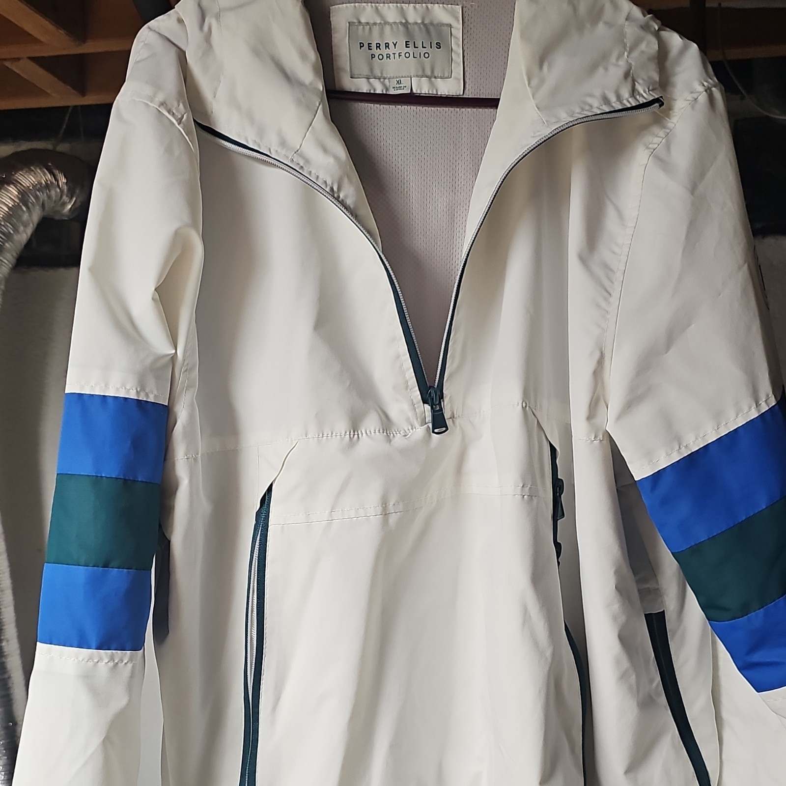 Perry Ellis Portfolio Men’s Hooded Colorblock Anorak Jacket White Blue Green XL
