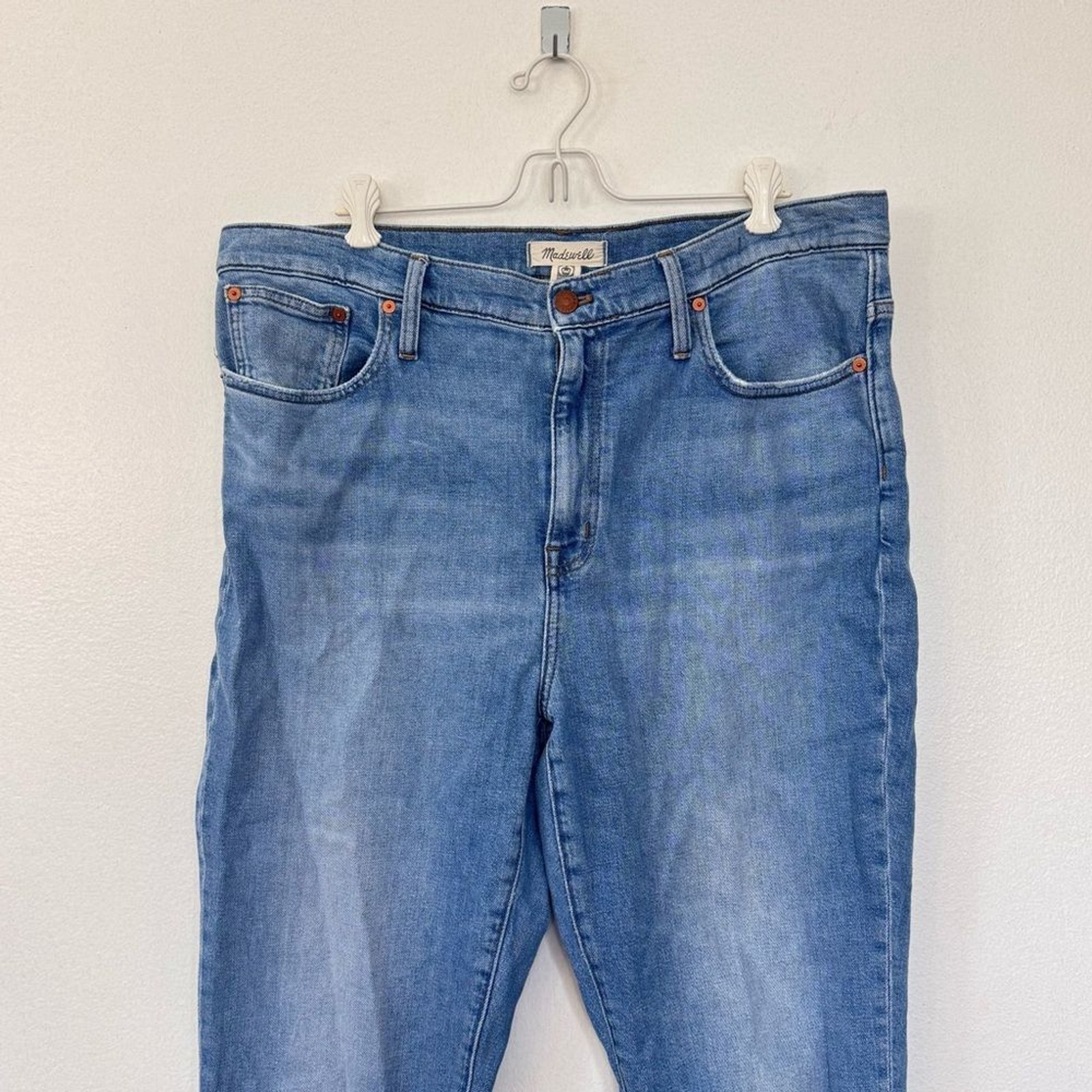 Madewell High Rise Slim Boyjean Blue Wash Distressed Jeans Sz 32