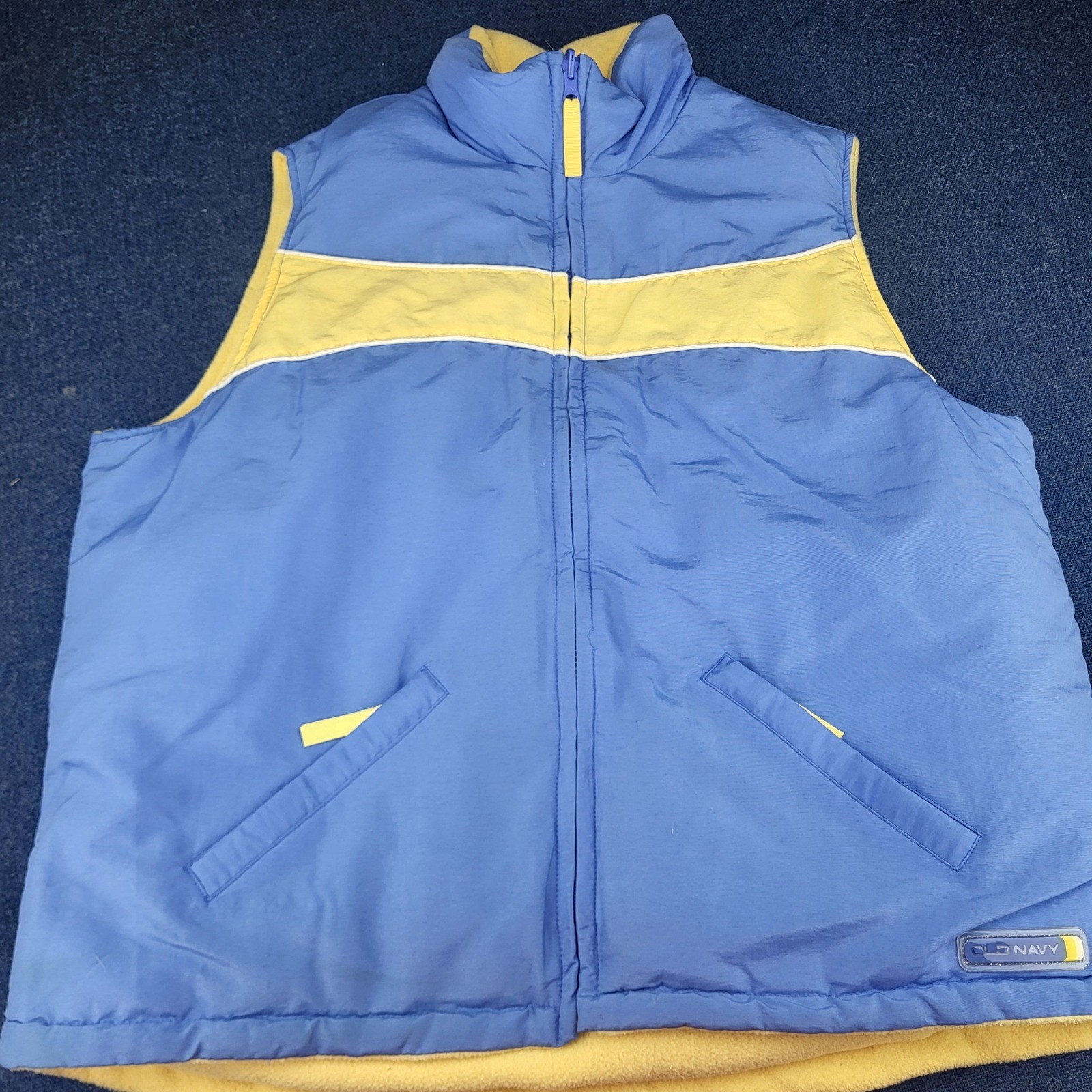 Old Navy Womens XL Puffer Vest Blue Yellow Reversible Feather Down Blend Fleece