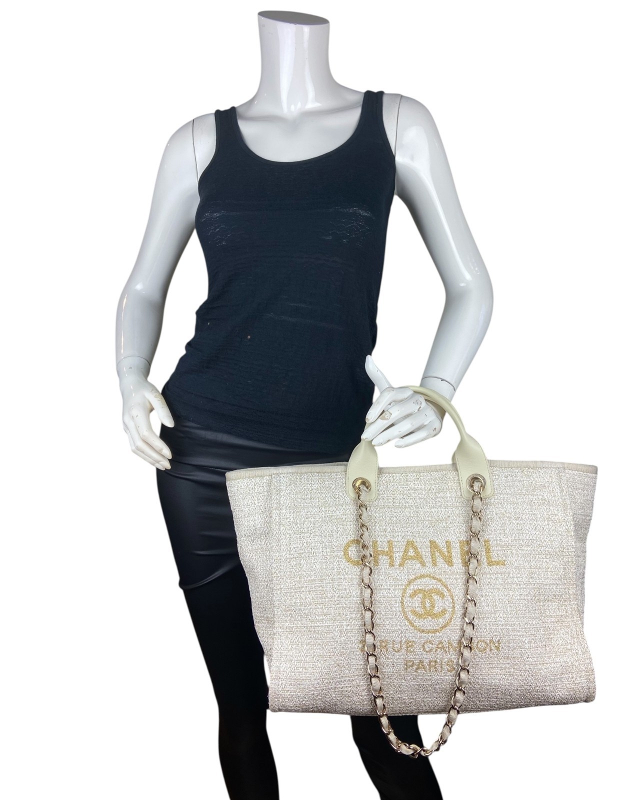 Chanel White/Gold Canvas Lurex Medium Deauville Tote Bag