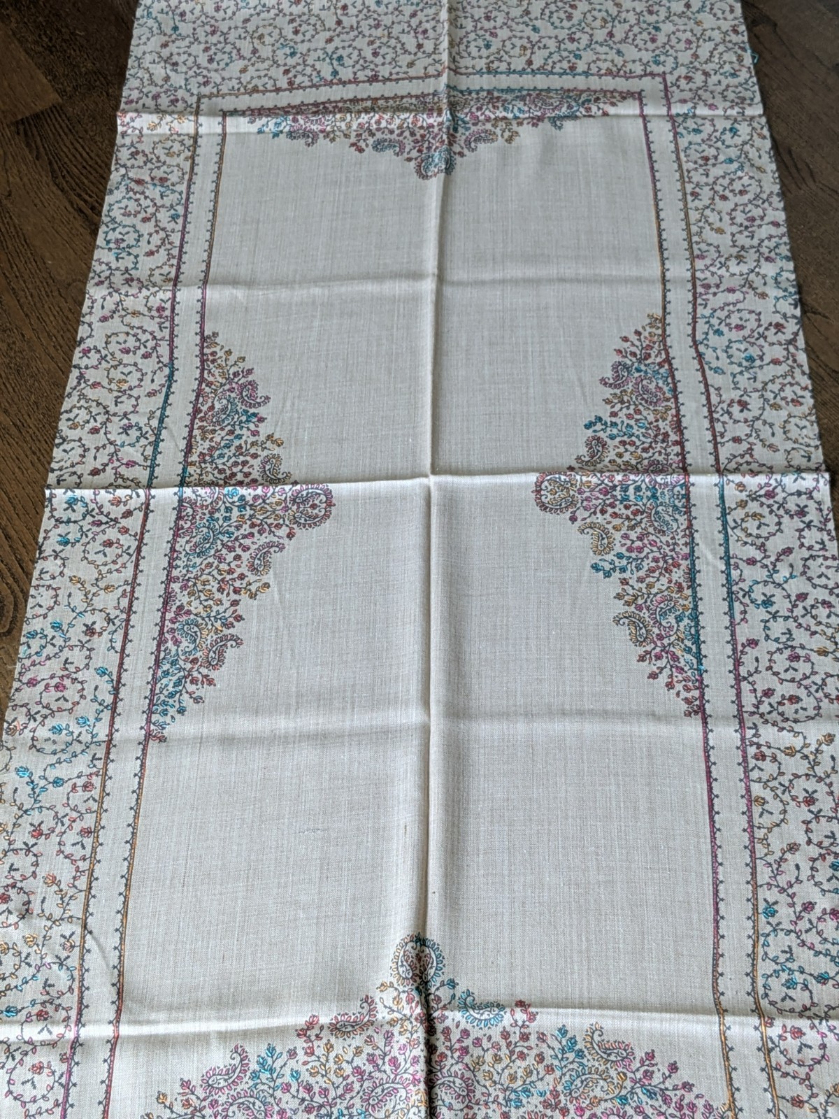 Kashmiri Embroidered Pashmina Shawl / Wrap Beige color hand made size 80″.x 29″.