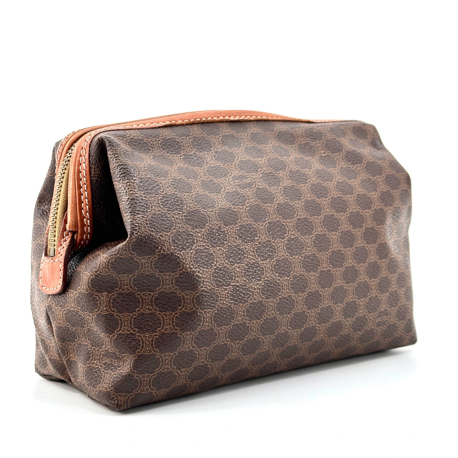 CELINE Macadam PVC Leather Cosmetic Pouch Vanity Brown Gold Auth