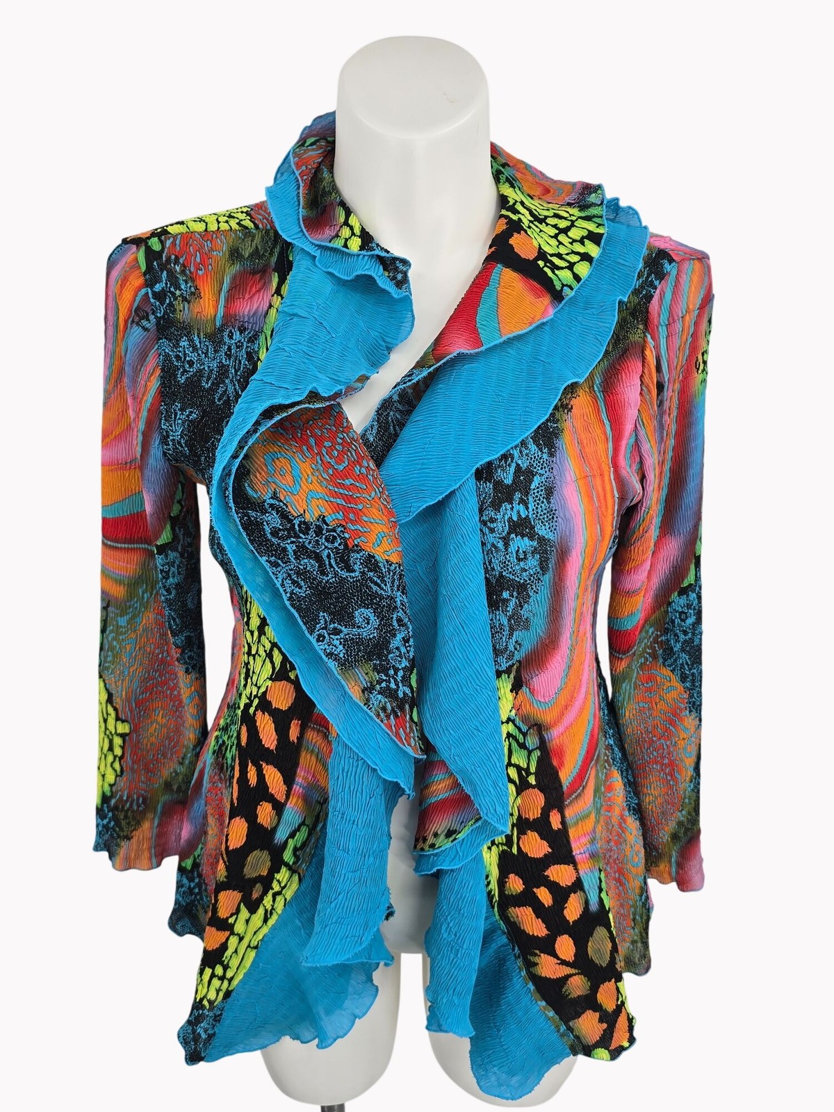 Rossi Roma XL Multicolor Lightweight Ruffle open front Cardigan Jacket Abstract