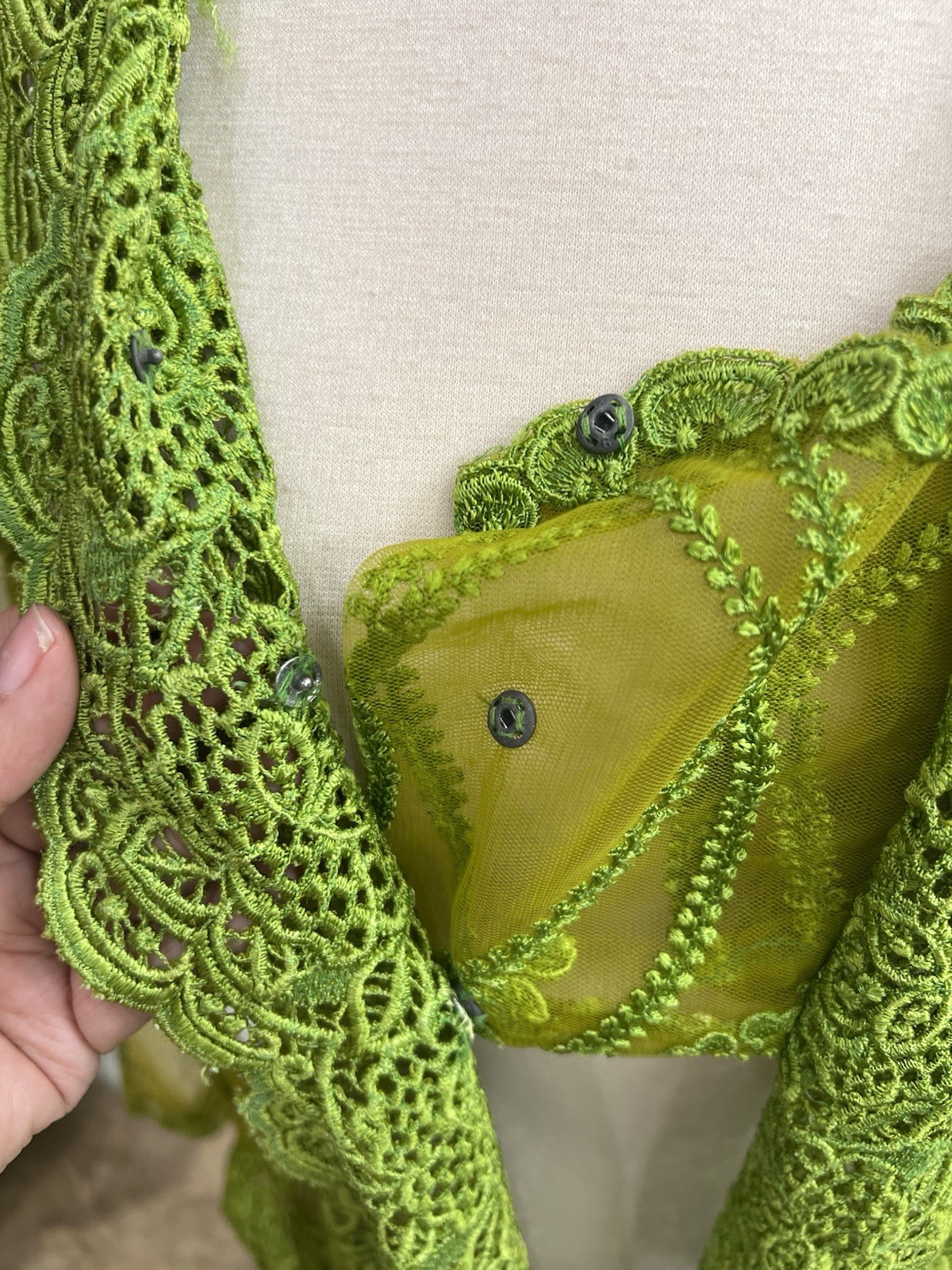 Vtg Whimsical Green Sheer Embroidered Lace Fairycore Boho Glam Open Front Sz M