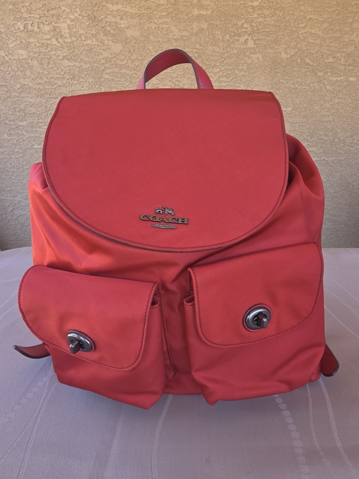 Auth COACH Nylon Leather Bucket Mouth Backpack Drawstring Turn lock F58814 Red