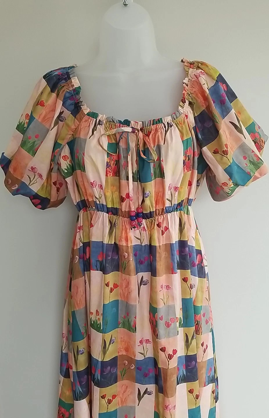 Davi & Dani Checkered Tulip Print Midi Dress NWT Spring Floral Beaded Tie Neck