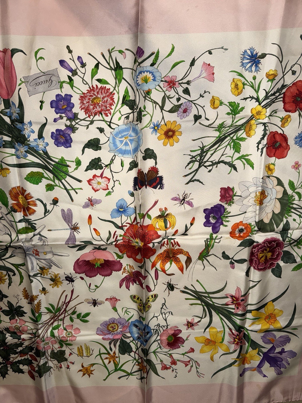 Gucci Floral Multicolor Silk Satin Square Scarf w/ Logo Accents