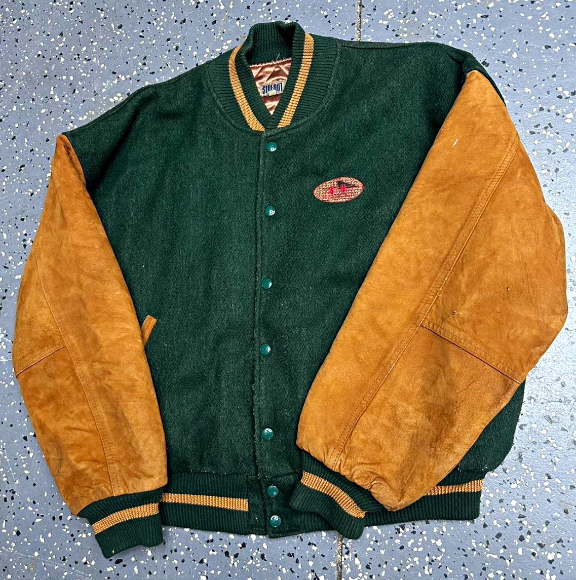 Sideout Men’s Varsity Jacket Green/Tan Leather Sleeves Snap Quilted Lined M