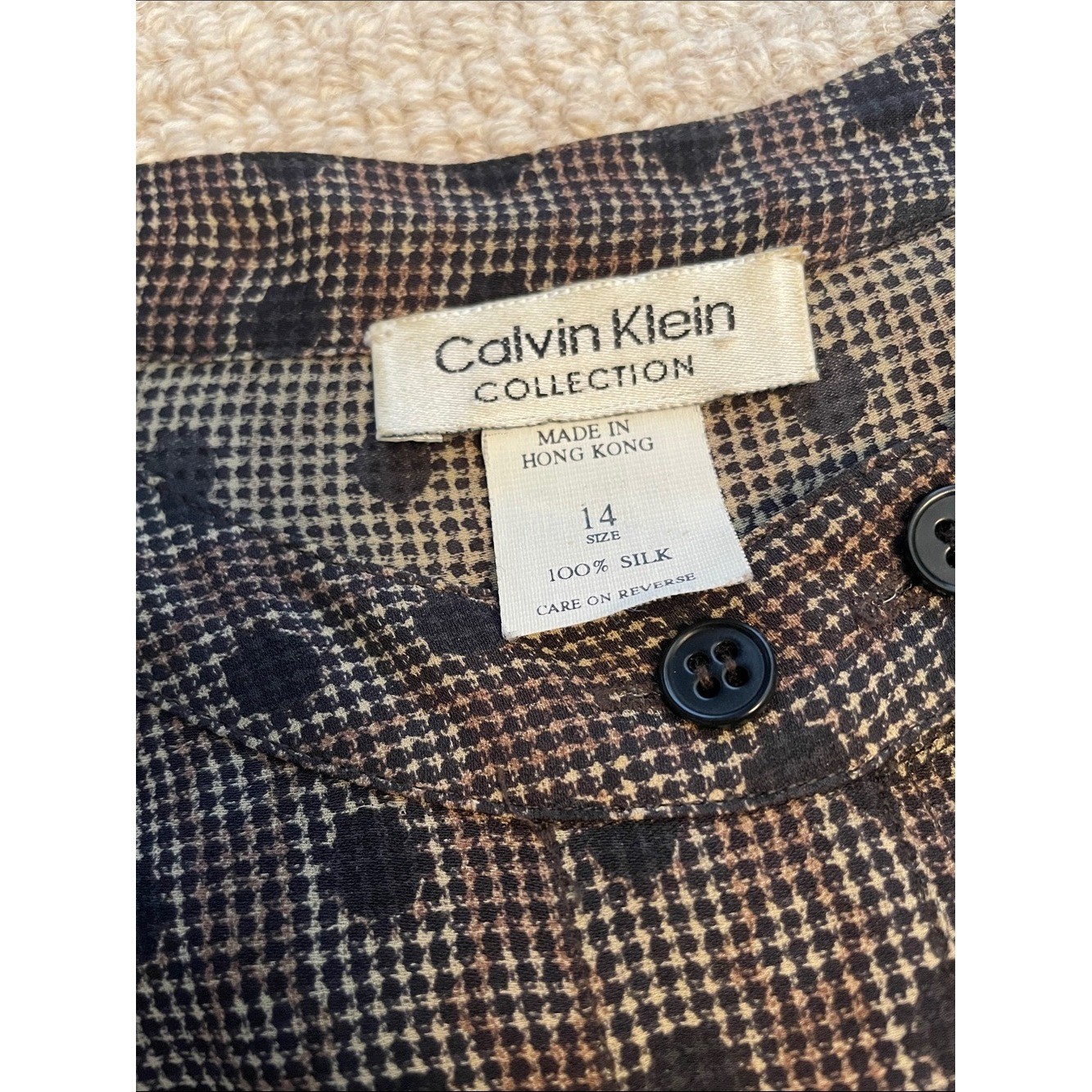 Vintage Calvin Klein Collection Silk Blouse 90s Houndstooth Polka Dot Top Sz 14