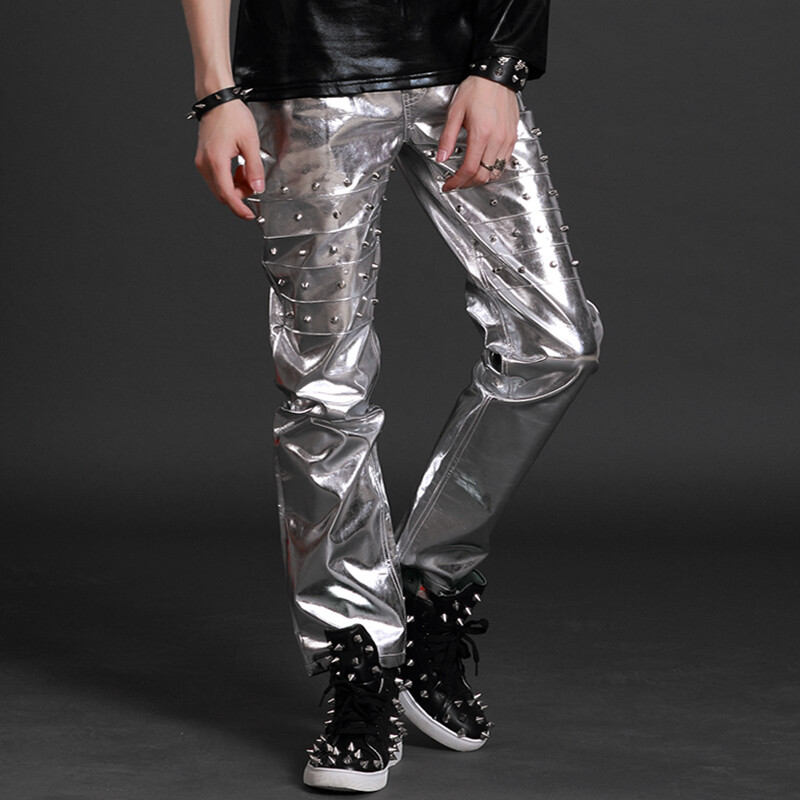 Metallic Men Faux Leather Studded Pants Party Nightclub Trousers Wet Look Shiny