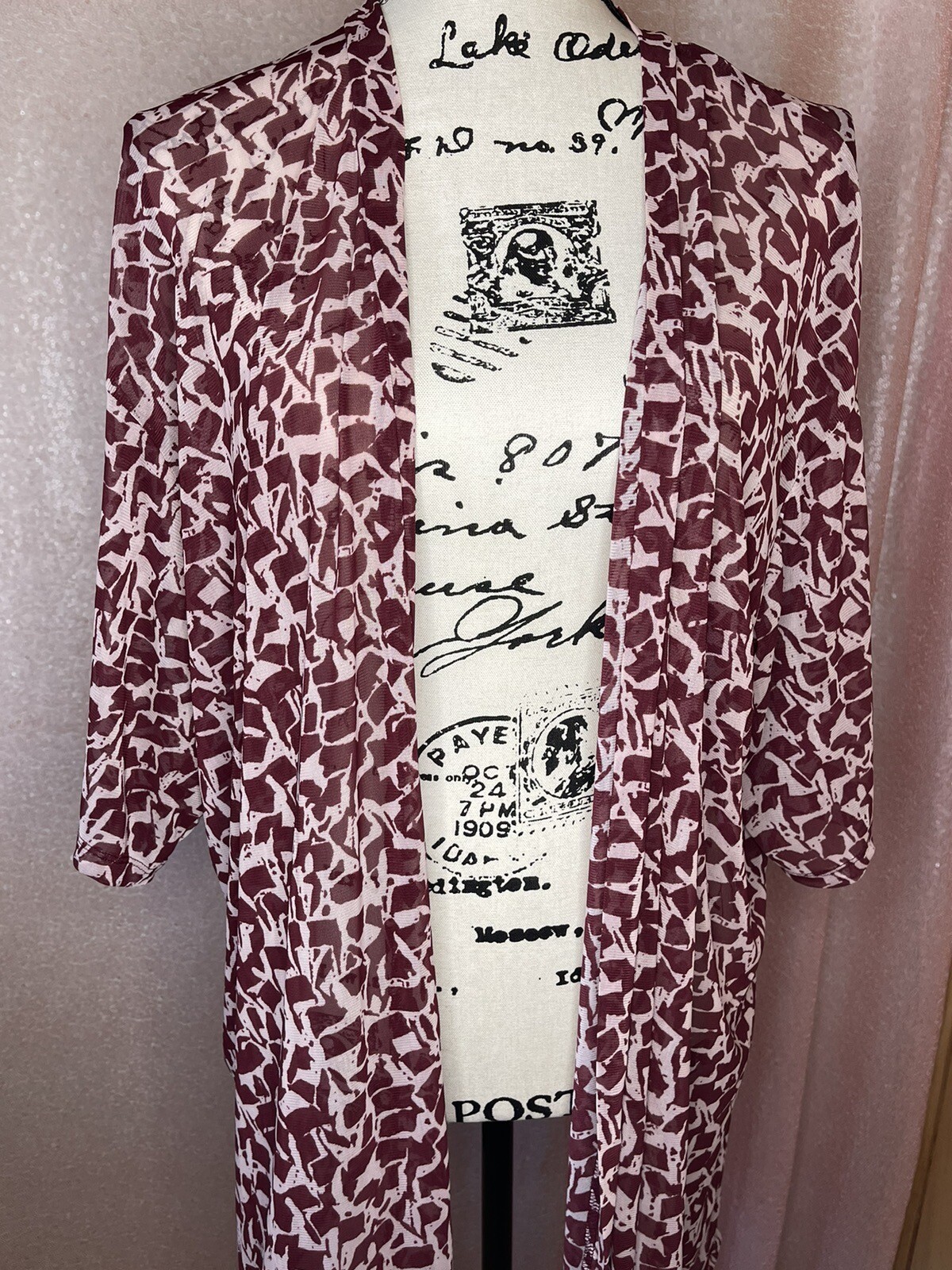 Lane Bryant Sheer Open Cardigan Kimono Burgundy Pink 22/24 New Short Sleeve