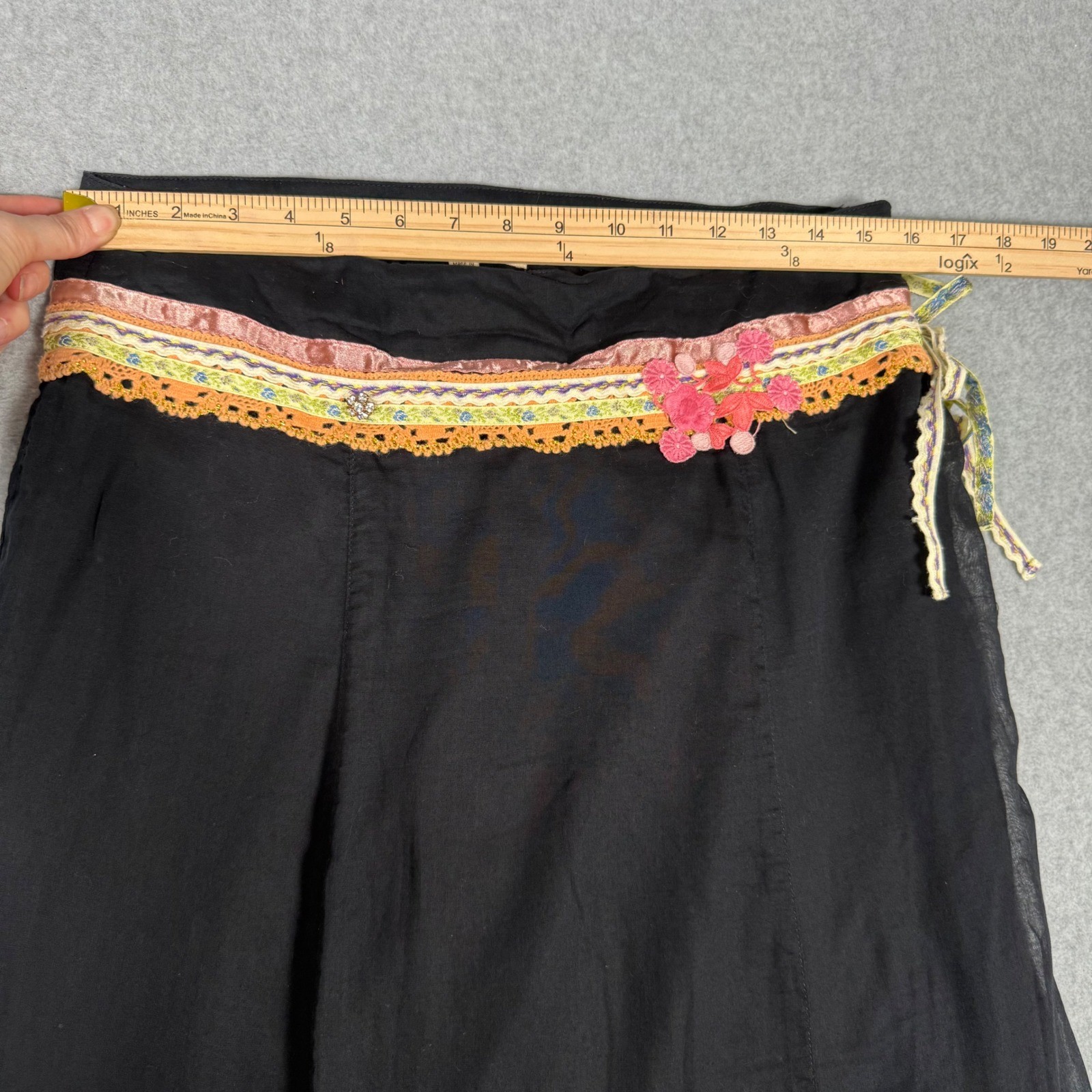 Free People Vintage Y2K Fairy Core Black Boho Ruffle Midi Skirt Ribbon Lace 8