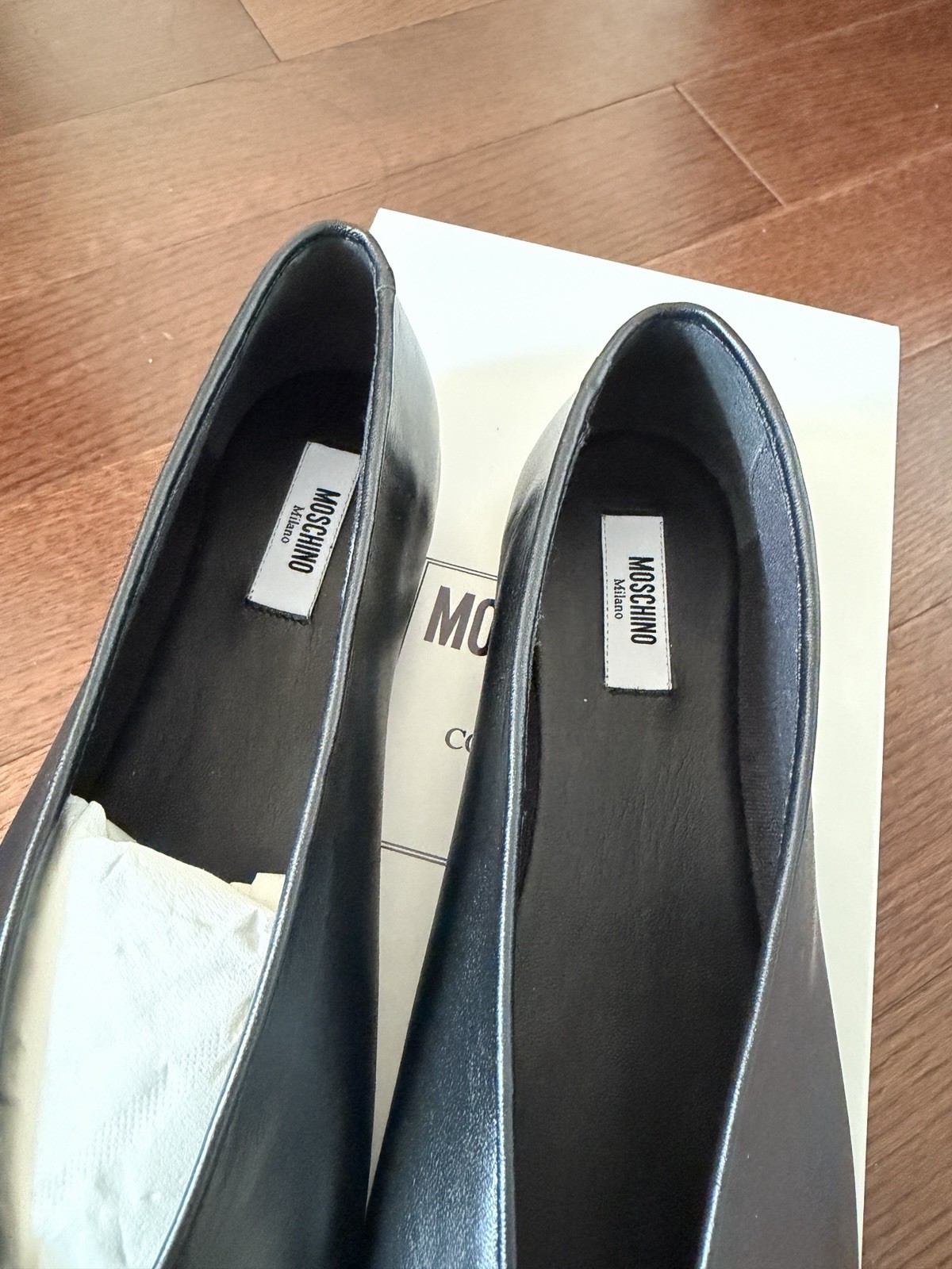 Moschino Women’s Black Leather Slip-On Ballet Flats Round Toe Logo EU37.5