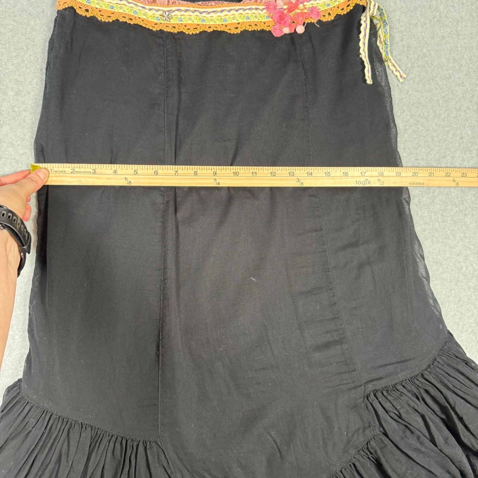 Free People Vintage Y2K Fairy Core Black Boho Ruffle Midi Skirt Ribbon Lace 8