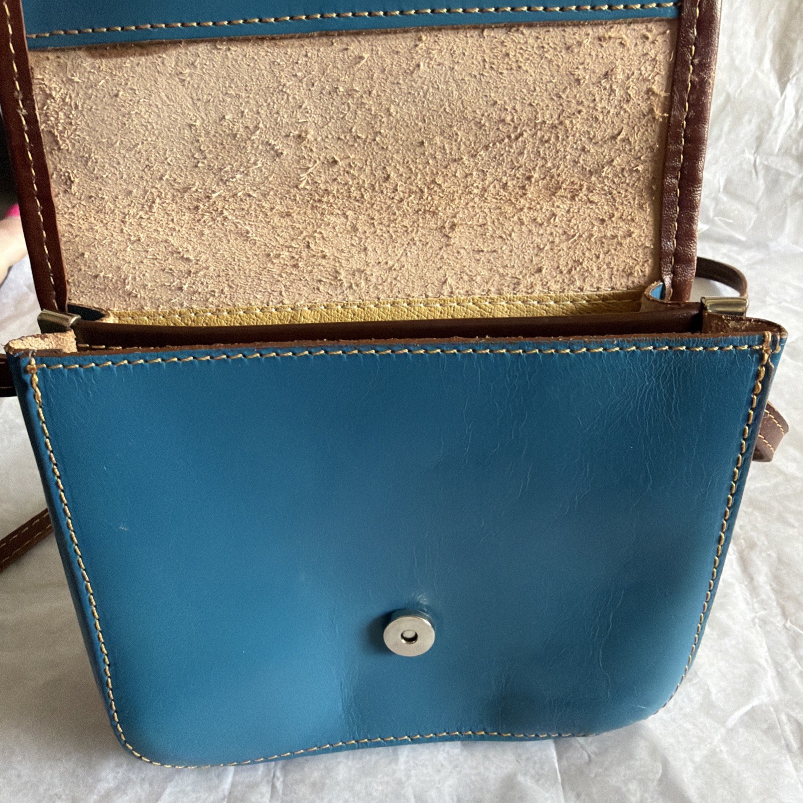 Vera Pelle Leather Crossbody Saddle Bag Genuine Italian Small Teal Blue/Brown