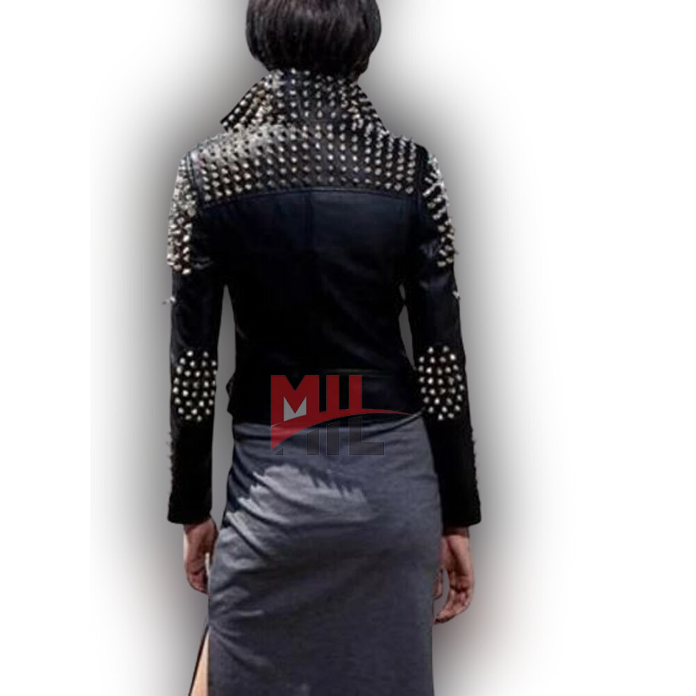 Handmade Women Black Punk Silver Long Spiked Studded Cowhide Leather Jacket