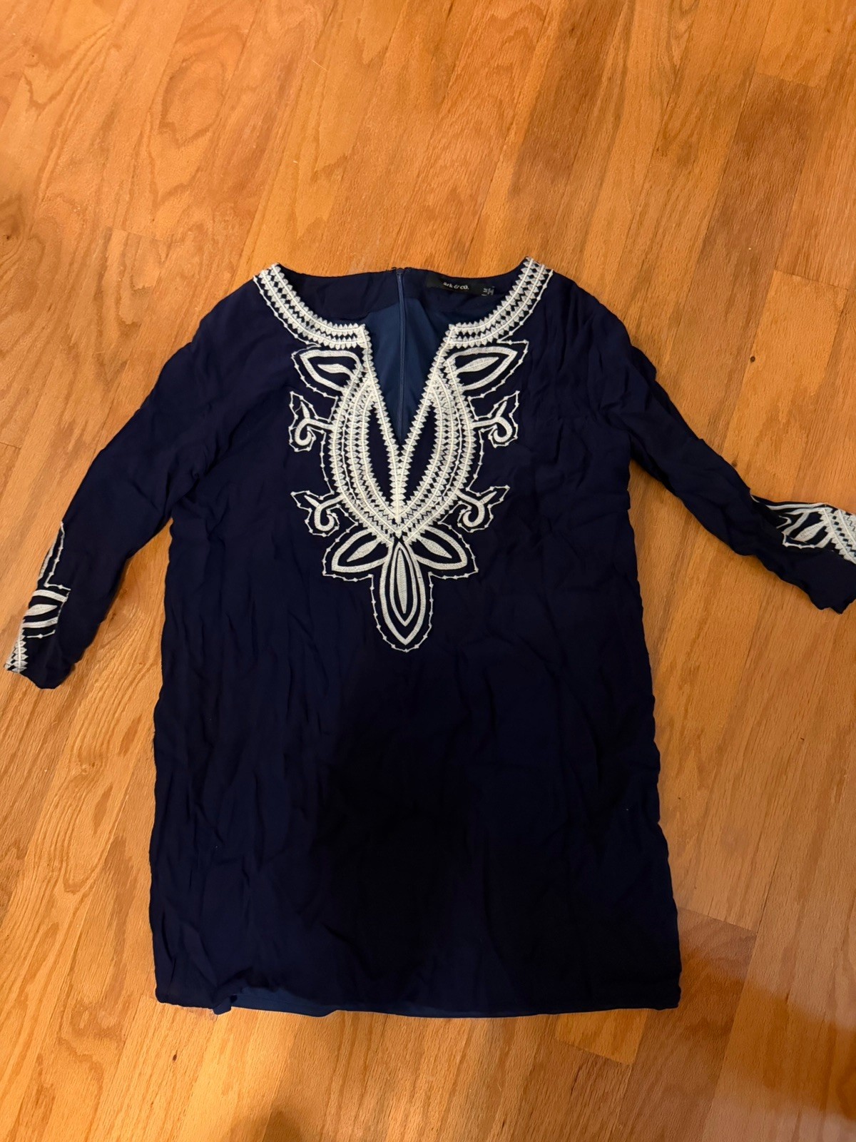 ark & co. Navy White Embroidered T-Shirt Dress Long Sleeve Zip Back S