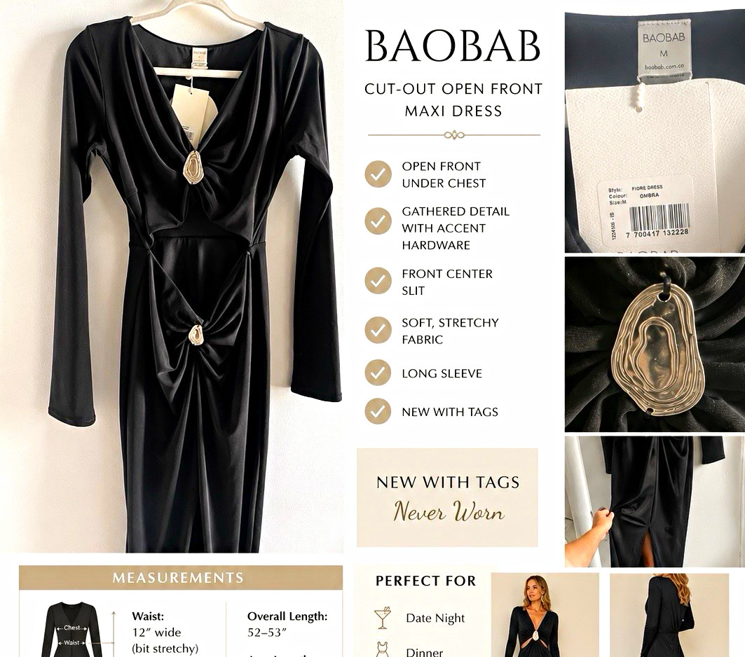 NWT Baobab Fiore Dress Ombra Black Medium Cut Out Maxi Long Sleeve Designer