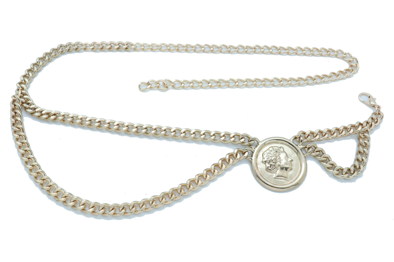 Women Dance Fashion Belt Gold Color Metal Chain Wave Coin High Waist Hip XS S M