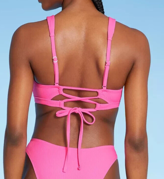 Juniors Ribbed Knot Front Bralette Bikini Top – Xhilaration Bright Pink Size D