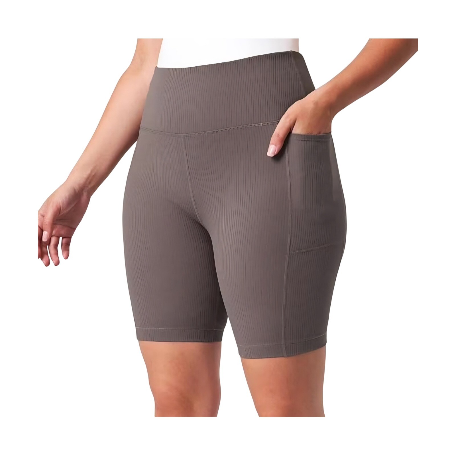 Mondetta Performance Luxury Ribbed Biker Shorts Brown High Waist Pockets Size L