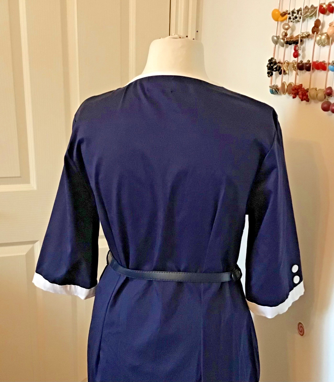 Lindy Bop Pencil Wriggle Dress Dark Blue with White contrast Buttons/Piping, L