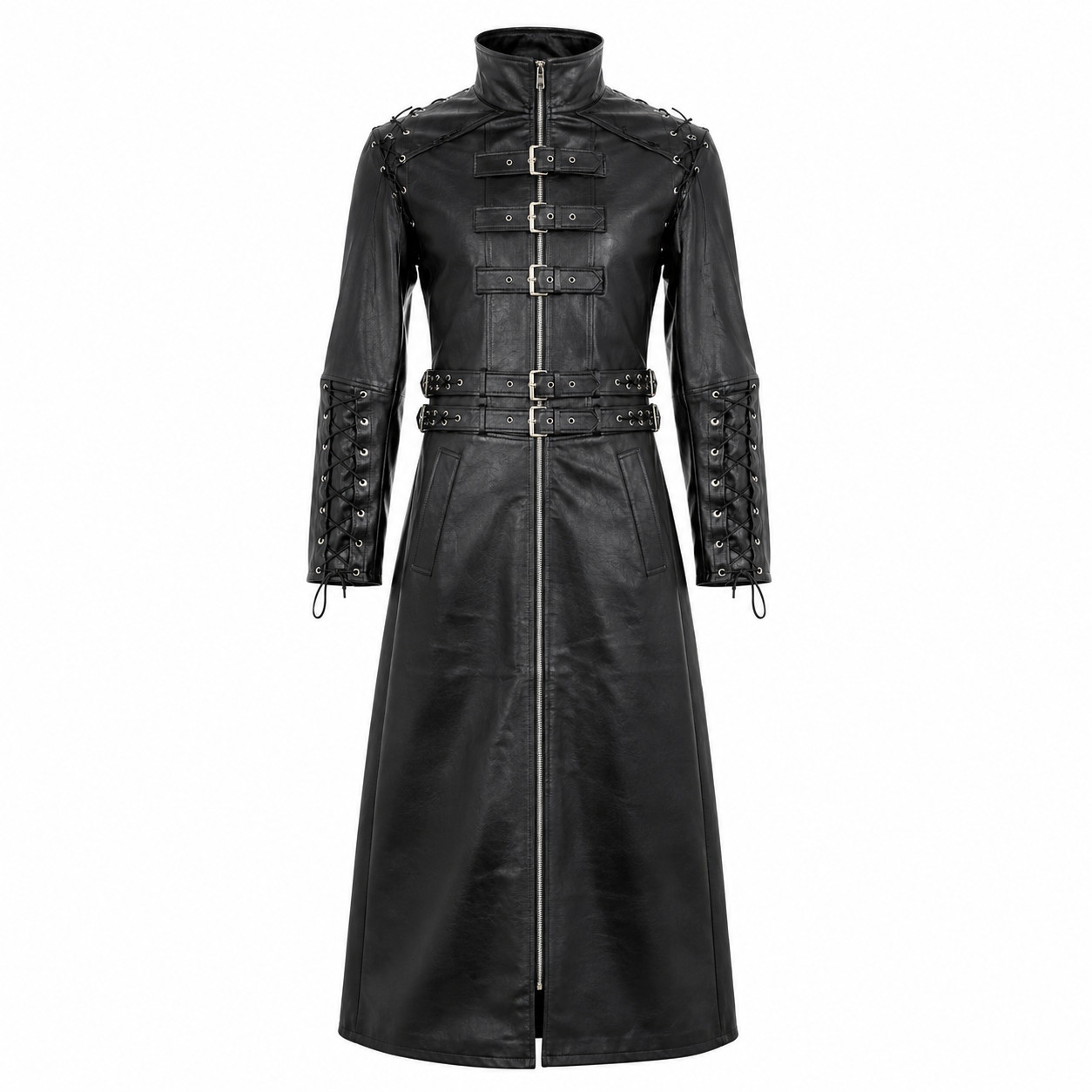 Mens Black Real Leather Gothic Trench Coat Steampunk Lace Up Sleeves Handmade