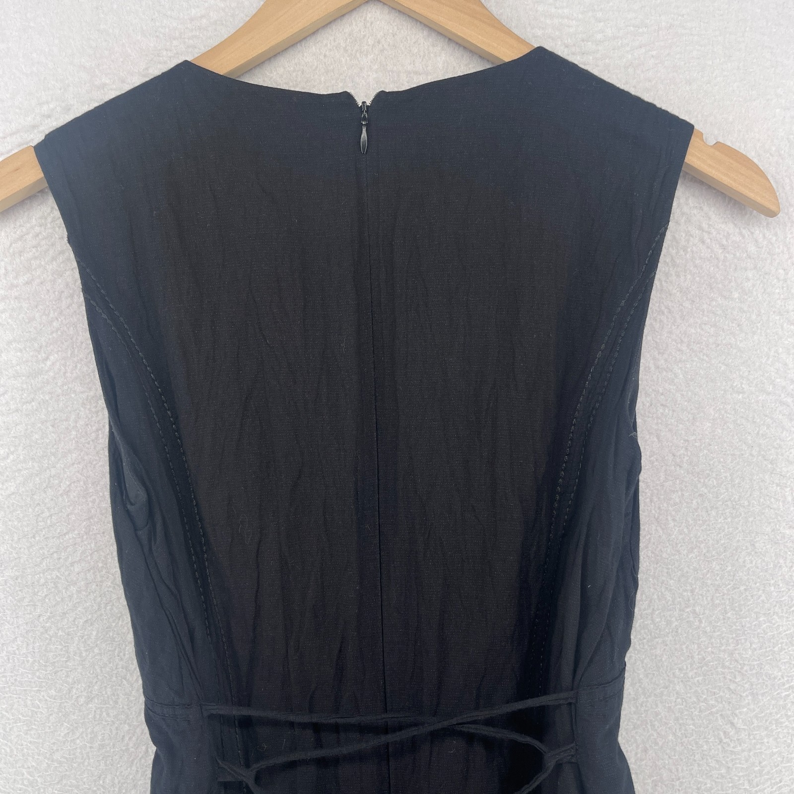 APANAGE Dress 6 Cotton Metallic Crinkle V-Neck Sleeveless Back Zip Tie Black