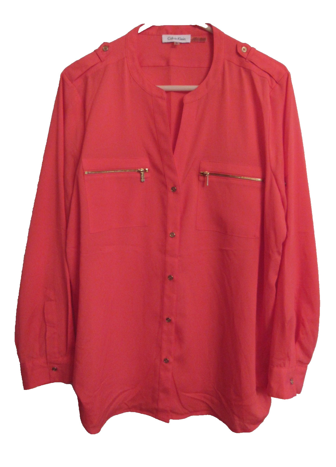 Calvin Klein Long Sleeve Roll Tab Red w/ Gold Zippers Button Down Blouse Size XL
