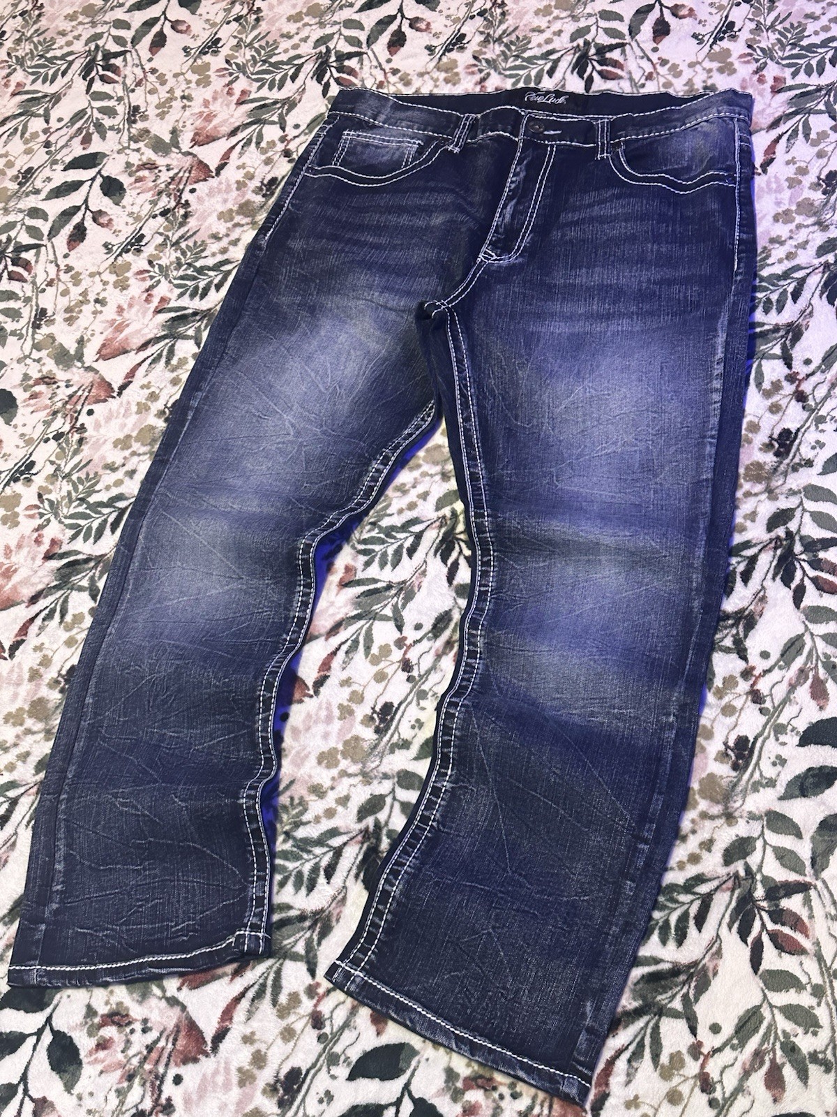 True Luck Men’s Blue Dark Wash Flared Denim Jeans 5-Pocket Button Zip(36×30)