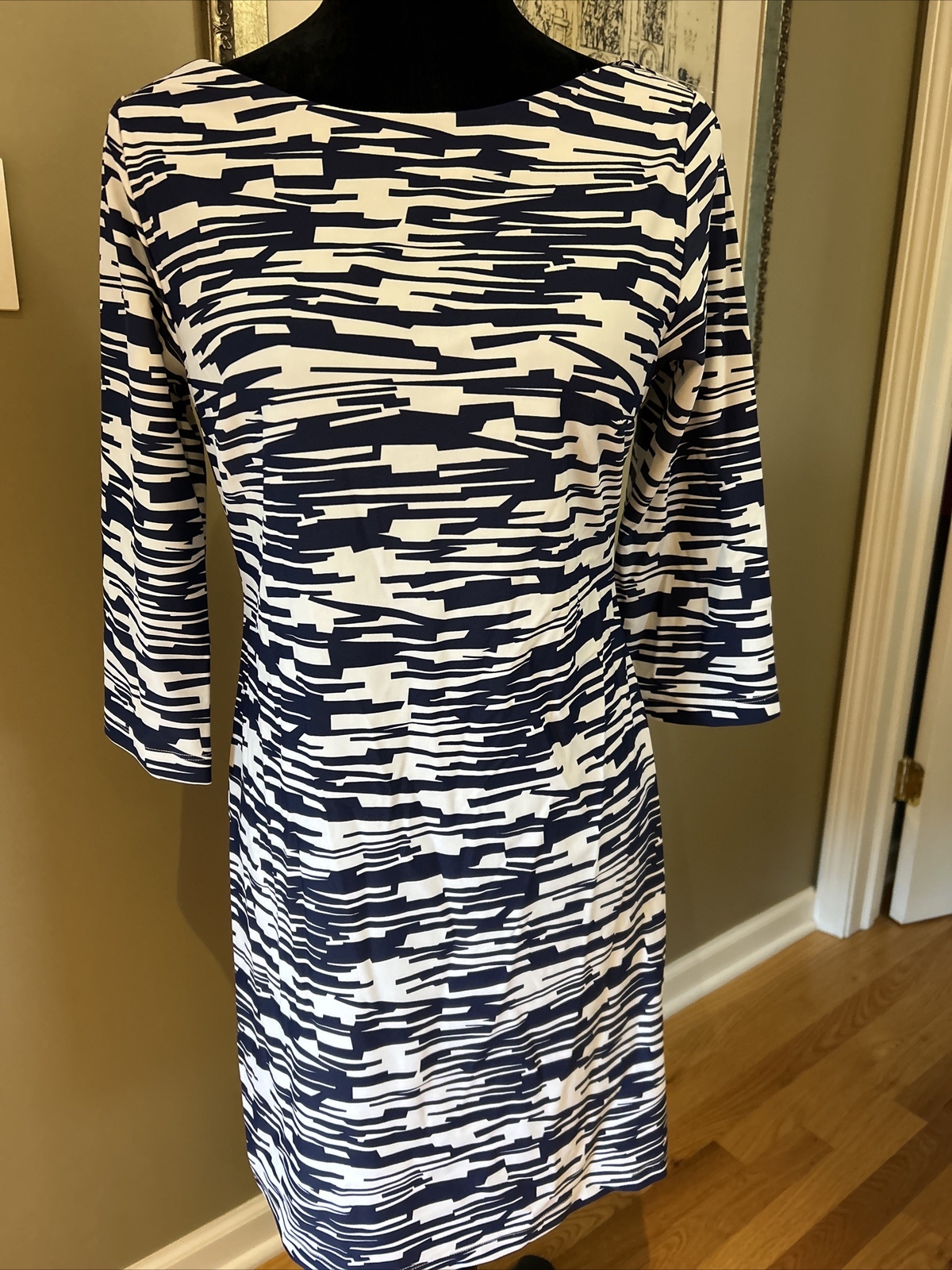 Britt Navy Blue White Catalina cloth knit Dress XS 3/4 slv button back neck New