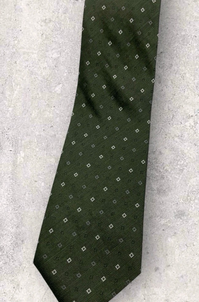 STRELLSON Silk Tie ITALY Green Gray White Geometric W:3.5″ EUC