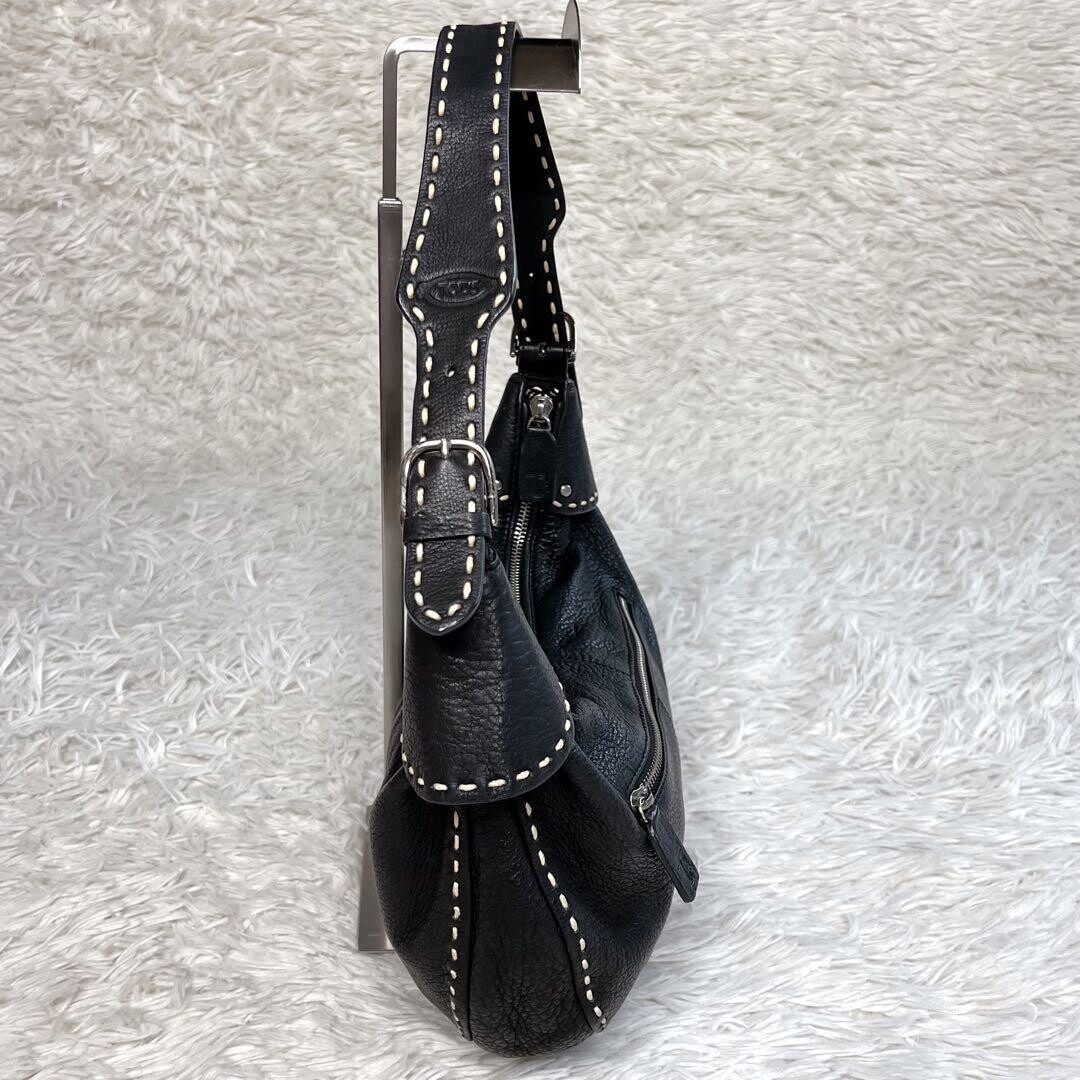 TOD’S Black Leather Half Moon Shoulder Bag White Stitching Y2K Pebbled Logo Auth