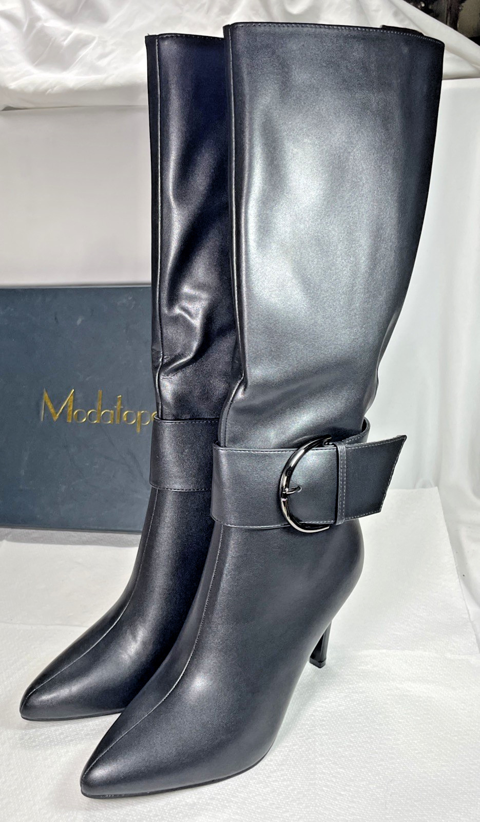 Modatope Knee High Boots Womens 9.5 Black Faux Leather Pointed Toe NEW