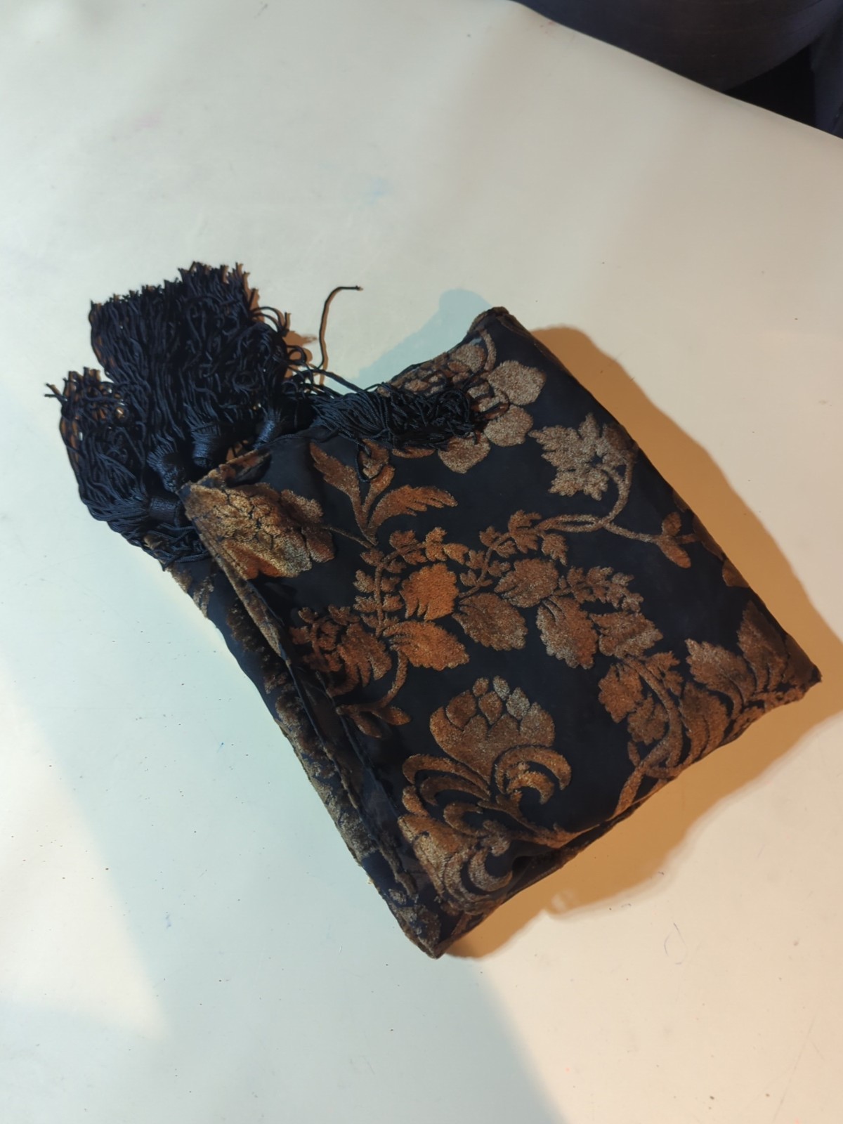 All That Glitters Burnout Velvet Scarf Blue Brown Floral Tasseled Shawl Wrap