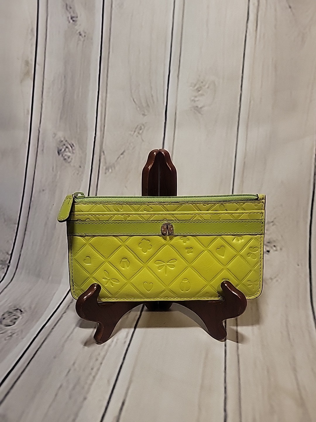 Brighton Spring Song Apple Green Leather Zipper Wallet Pouch EUC